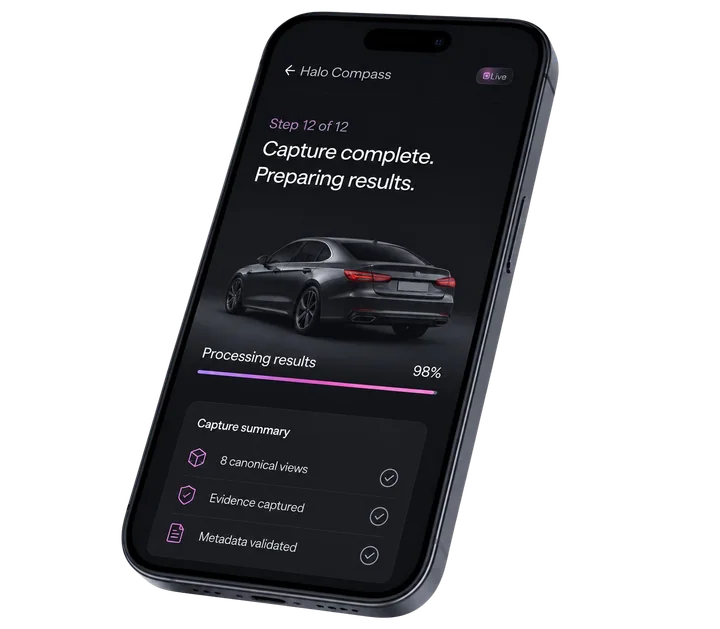 Halo Compass mobile capture completion interface showing vehicle capture results.